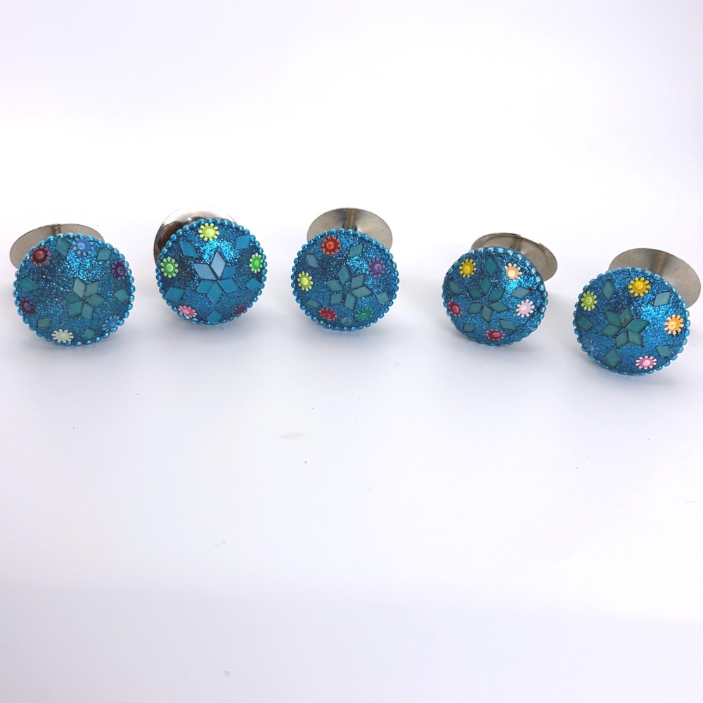 Blue Glitter Mosaic Star Cabinet Knobs Set of 5 Colorful Floral Drawer Pull READ